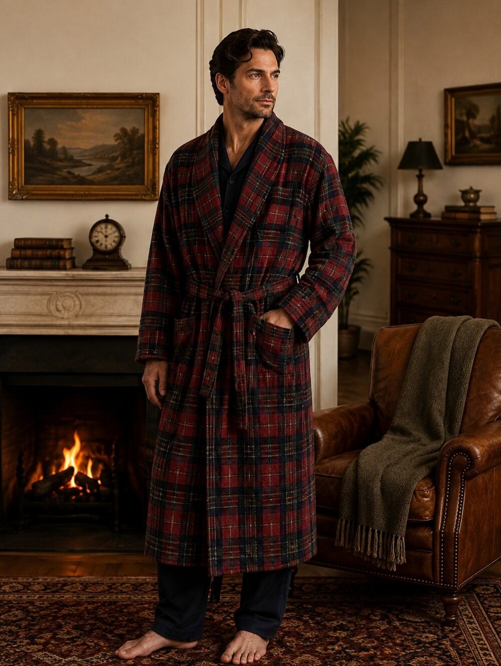 Vintage Christian Dior Mens Plaid Robe One Size Belted 47" Long‎